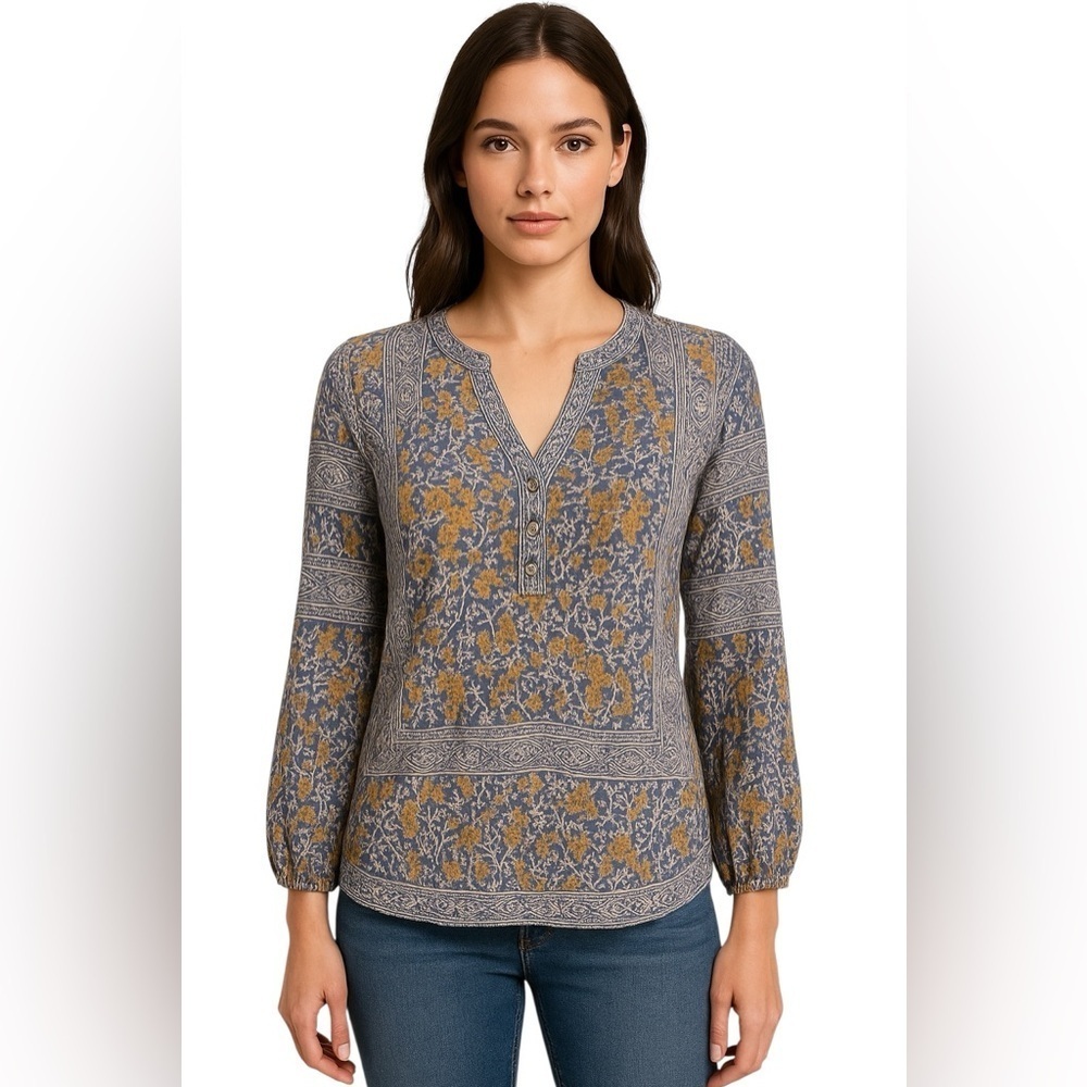 Lucky Brand Blue Floral Boho Peasant Top Lightweight V Neck Blouse Size Small